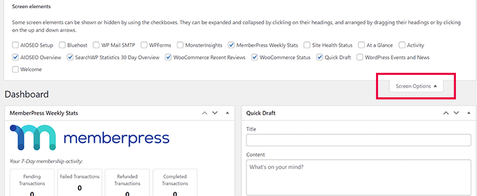Screen Options on the Dashboard page in WordPress admin area
