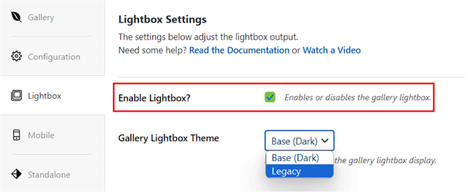 Enable the lightbox option Enable the lightbox option