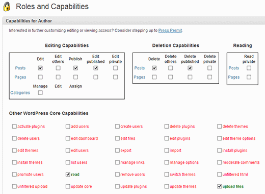 Select capabilities for a user role