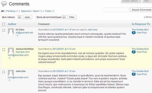 WordPress Comments Screen WordPress Comments Screen