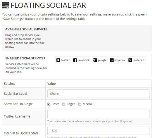 Floating Social Bar Admin Screeen