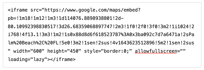 Google Maps iFrame Embed Code in Block Editor