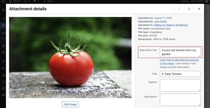 Viewing or editing the alt text for your image in the WordPress media library