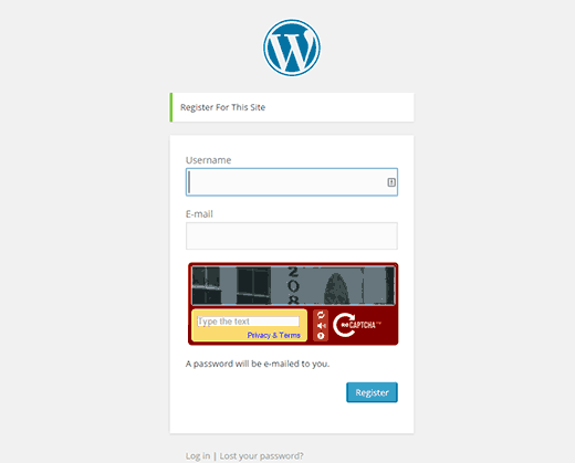 Preview of CAPTCHA enabled on WordPress registration page