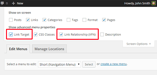 Adding link relationship and target options to menu items