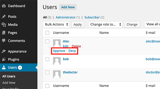 Moderating user registrations by approving or denying Moderating user registrations by approving or denying