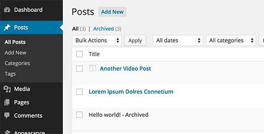 Archived post in WordPress admin area