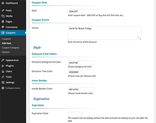 Creating coupon in Coupon Creator plugin