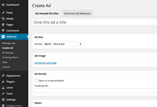 Create new ad screen in Adsanity