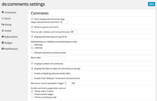 General settings for De:comments
