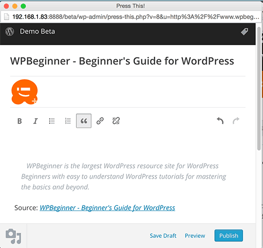 Press This popup in the upcoming WordPress 4.2