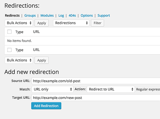 Setting up WordPress redirects using Redirection plugin