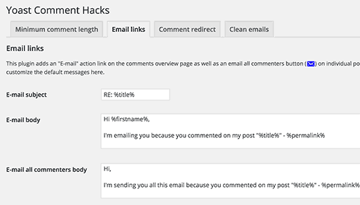 Email Links settings in Yoast Comment Hacks