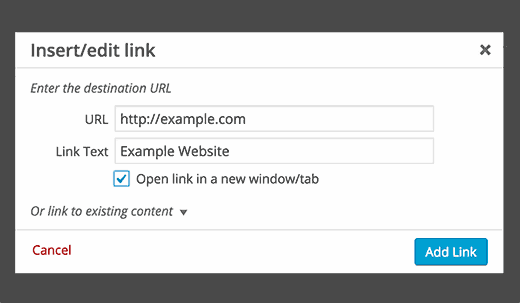 Default insert link popup in WordPress post editor