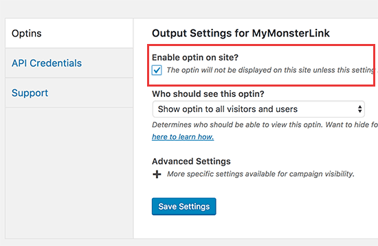 Enable optin on your website