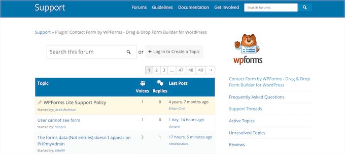 WPForms support forum example