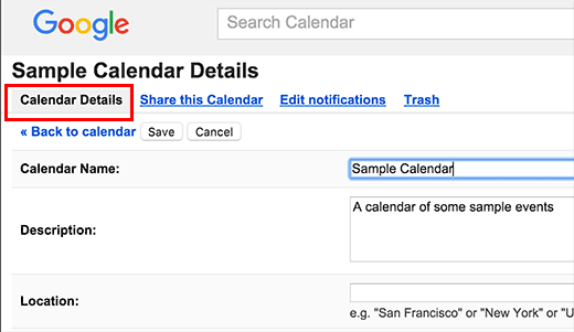 Calendar details tab