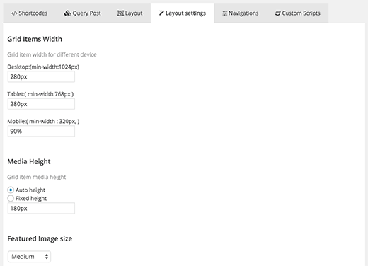 Grid layout settings Grid layout settings
