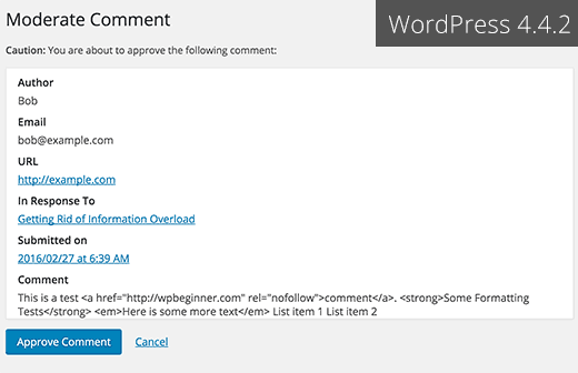 Moderate comment screen in WordPress 4.4.2
