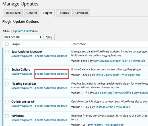Enable automatic updates for individual plugins