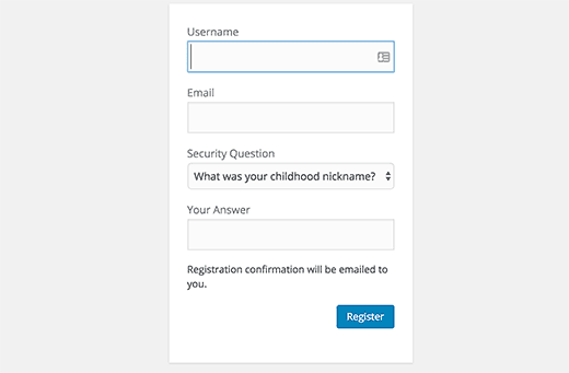 WordPress user registration with security question