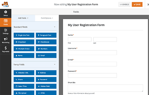 User registration form fields