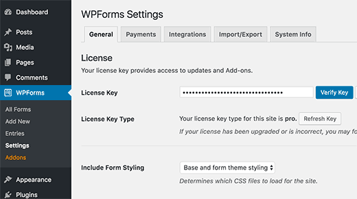 Add your WPForms License key