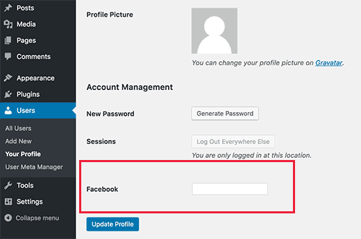 A custom user profile field to add Facebook profile URL