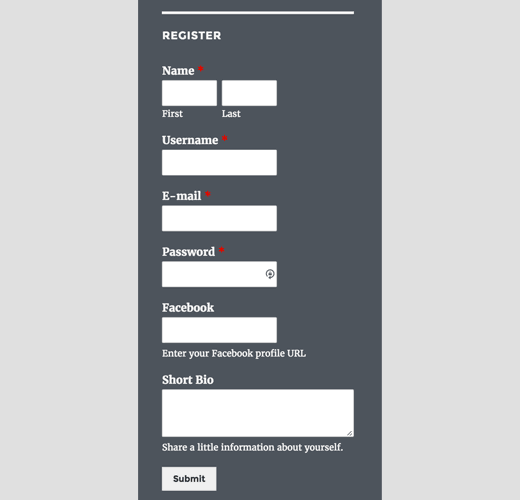 Custom registration form in sidebar