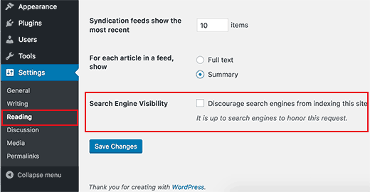 Search engine visibility settings in WordPress