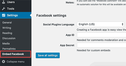 WP Embed Facebook settings page