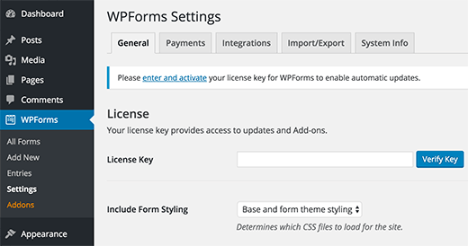 Adding your WPForms license key