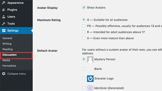 Gravatar settings in WordPress
