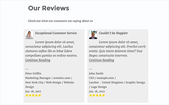 preview of a reviews page in WordPress