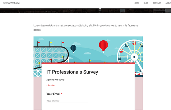 A Google Form embedded in a WordPress page