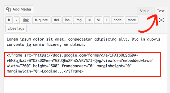 Paste Google Forms embed code in WordPress post