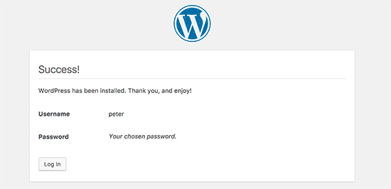 WordPress successfully installed in the subdirectory