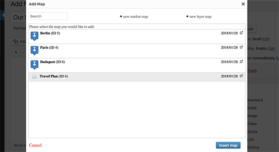 Select and insert map layer in your post or page