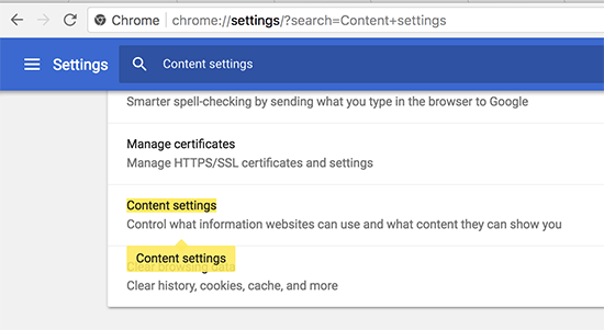 Content settings in Google Chrome