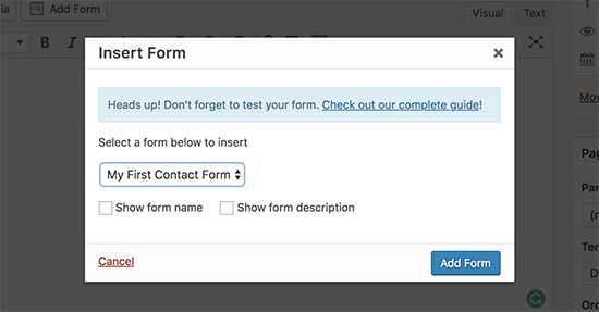 Select your contact form and add it