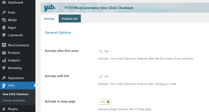 General settings for one click checkout