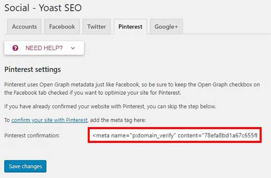 Add HTML tag in Pinterest confirmation field