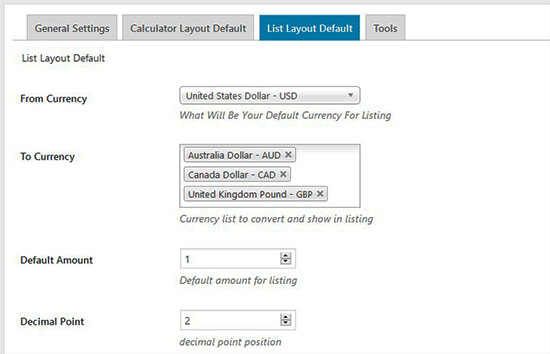 Currency list default settings