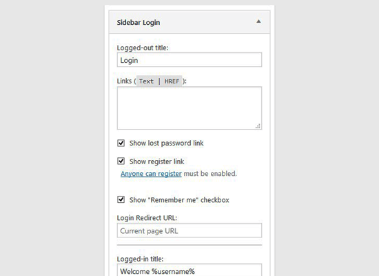 Sidebar login settings Sidebar login settings