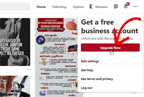 Upgrade to Pinterest business account
