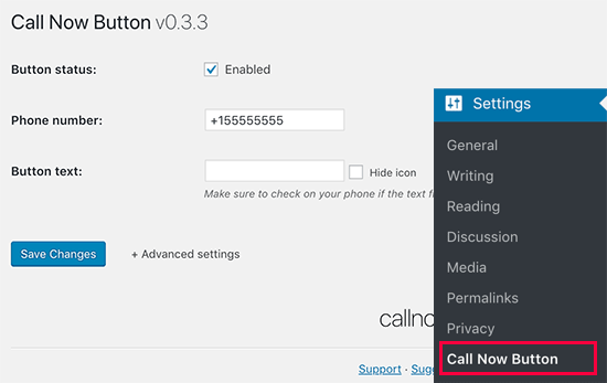 Call Now Button settings Call Now Button settings