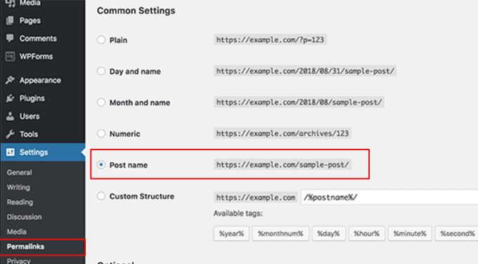 WordPress' permalink settings