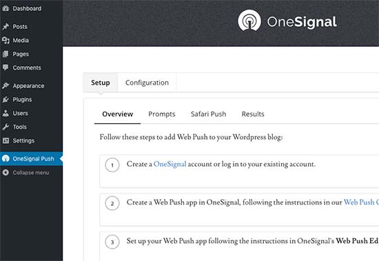 OneSignal settings page OneSignal settings page