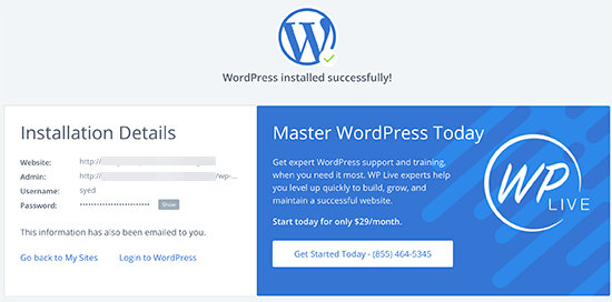 Successfully installed WordPress on Bluehost