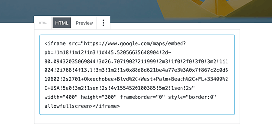 Maps embed code in WordPress